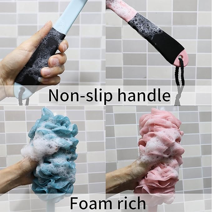 2Pack Back Scrubber for Shower, Loofah with Handle, Back Loofah Non-Slip Handle, Bath Body Brush, Scrub Cleaning Brush for Shower, Soft Mesh Sponge On a Stick for Men Women Elderly (Pink and Blue)