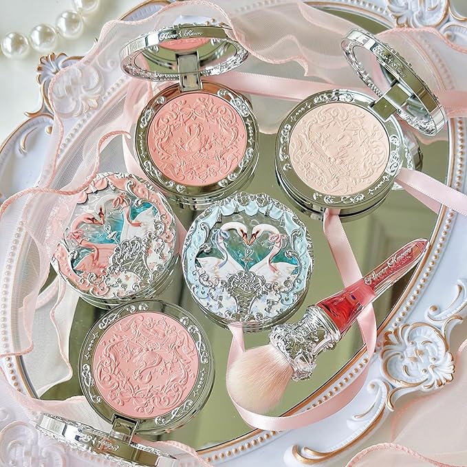 Flower Knows Strawberry Rococo Embossed Blush;Translucent Matte Finish;Buildable & Blendable Powder Blush for cheeks,Pressed Setting Powder,Natural Flush for All Skin Tones(01 Niveous Swan,5g)