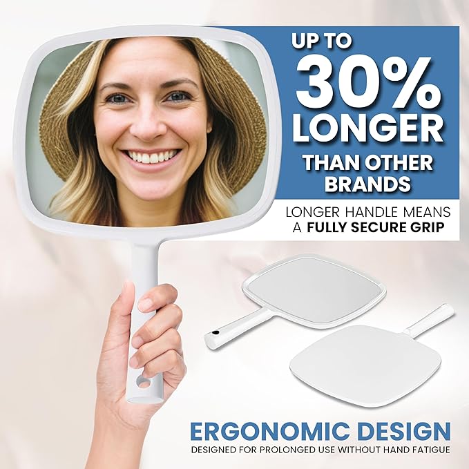 MIRRORVANA Hand Mirror with Ergonomic Handle - Hand Held Mirror for Make-up, Home Haircuts, Dental and Barber Use, 8β x 11β (White)