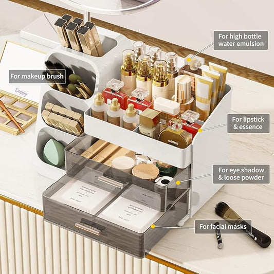 Makeup Organizer with Drawers for Vanity, Make Up Storage Kit, Spacious Cosmetic Display Case, Perfect Storage Solution for Beauty Essentials (White)