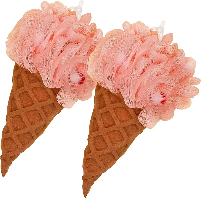 Cute Deep Cleansing Body Pouf Loofa Scrubber for Bath and Shower, Soft Sponge with Mesh, Pink Ice Cream Cone