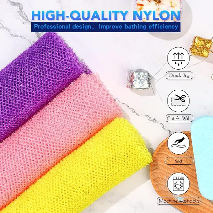 UJFQBH 3 Pieces African Bath Sponge African Net Long Net Bath Sponge Exfoliating Shower Body Scrubber Back Scrubber Skin Smoother,Great for Daily Use (Pink,Yellow,Purple,Black,Blue,Brown)