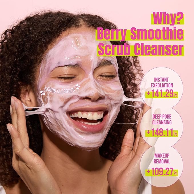 4-in-1 Konjac Jelly Face Cleanser – Gentle Daily Exfoliating, Deep Cleansing, Pore Care & Makeup Removal | Berry Smoothie Texture with Raspberry & Vitamin B+C+E Complex | Dermatologist-Tested