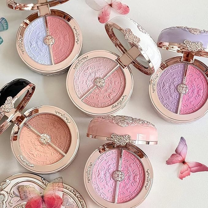 Flower Knows Butterfly Cloud Collar Rouge Box Highlighting & Blush Duo Powder,Blue+Pink Matte Finish Blush & Highlighter Palette,Buildable & Blendable Makeup Blush for cheeks(04 Fluttering Romance)