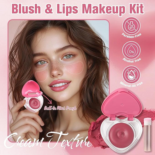 Heart-Shaped Cream Blush for Cheeks & Lips β 2-in-1 Tinted Lip and Cheek Balm Kit with Mini Brush β Blendable Dewy Blusher Face Makeup for Women, Portable Compact for Travel & On-the-Go Touch Ups 05