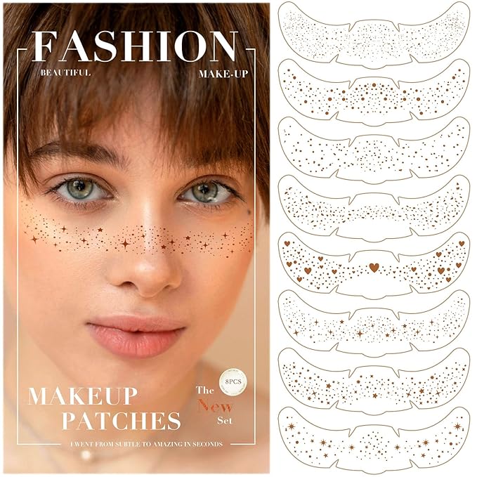 8 Pcs Brown Mixed Shapes Glitter Freckles Face Tattoo, Cute Sparkle Fake Speckles for Women Girls, Freckle Makeup Patches, Face Glow Glitter Party Supplies, Rave Event Festival Accessories for Women