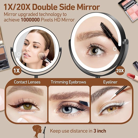 Magnifying Mirror with Light 20X, Height-Adjustable Lighted Makeup Mirror with Magnification, Double - Sided Aluminum Alloy LED Mirror, 3 Lighting Modes Ideal for Desk Bathroom Makeup, Black