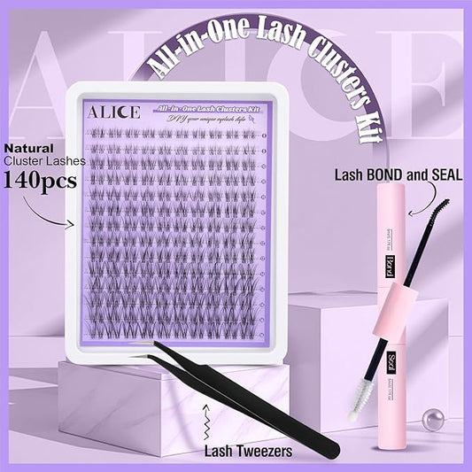 ALICE Cluster Eyelash Extension Kit Natural Wispy Lash Clusters Kit Lash Extension Kit Clear Band 168pcs C-Curly 11-13mm Individual Lashes with Lash Glue Bond and Seal Self Application at Home