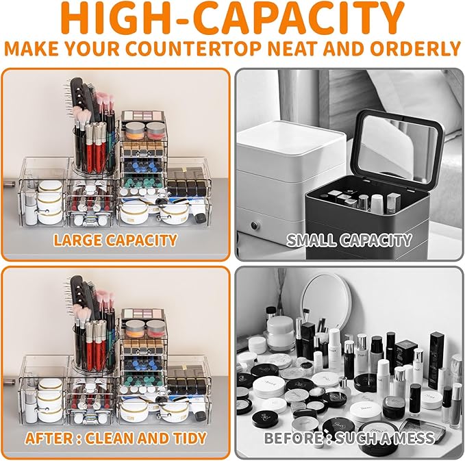 3 Pack Clear Makeup Organizer Countertop,9 Drawers Bathroom Vanity Organizer with Make up Brush Holder,Make up Organizers for Counter,Skincare Organizers for Dresser Top Beauty,Hair Product Organizer
