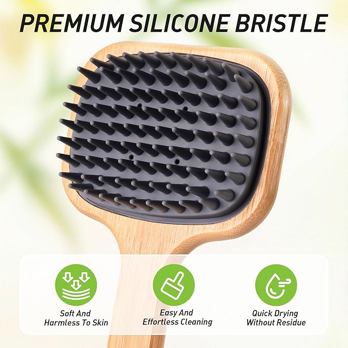 Back Brush for Shower, 16.92'' Dual-Sided Silicone Bristles Shower Scrubber for Body, Thickening Bamboo Handle, Wall Mounted, Wet or Dry Use for Bath, Massage, Itch Relief, Personal Care Gift