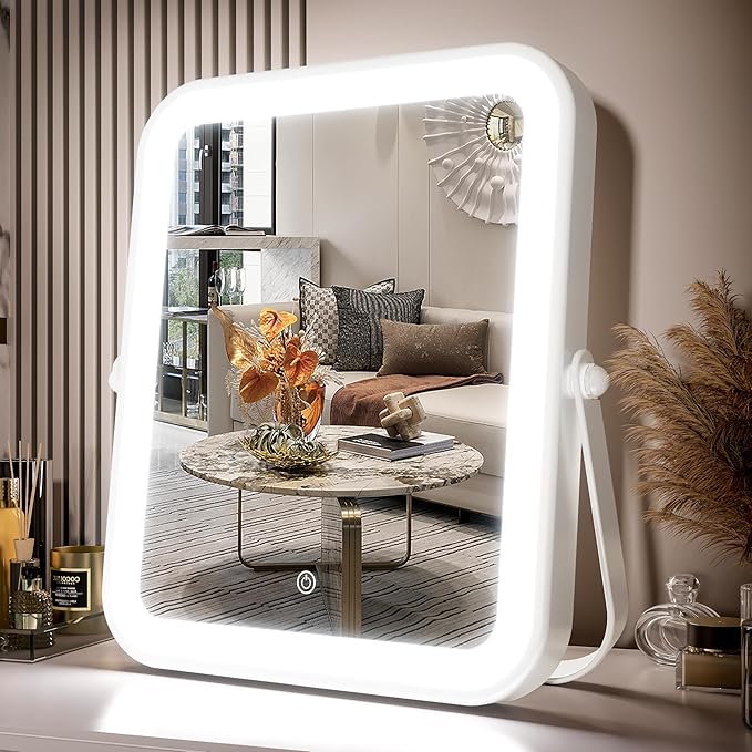 PRIMETEK LED Vanity Mirror with Gift Box, 10"x8" Lighted Hollywood Makeup Mirror, Portable Travel Makeup Mirror with Lights, 3-Color Lighting, 5X Magnification, for Vanity Desk, Bedroom, Gifts for Her