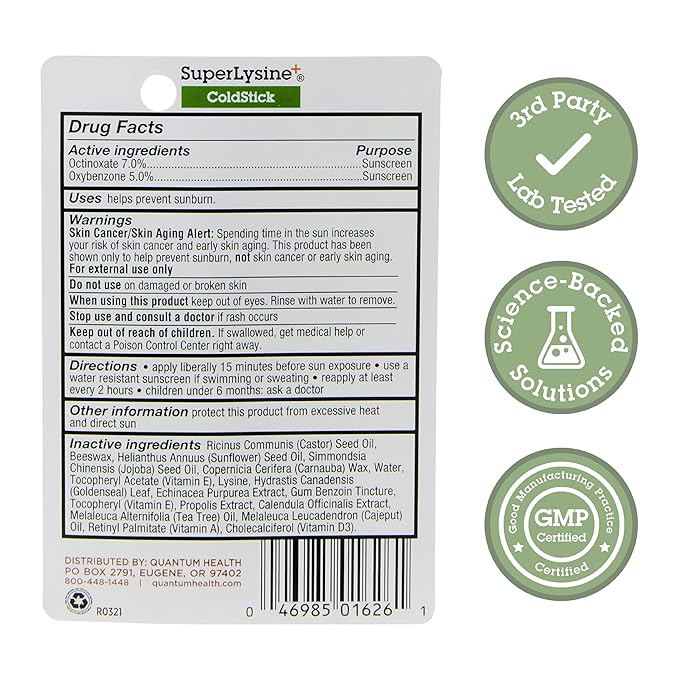 Quantum Health SuperLysine+ ColdStick Lip Sunscreen|Soothes and Moisturizes Lips|Softens and Protects from the Sun|Goes on Clear|0.17 Ounce
