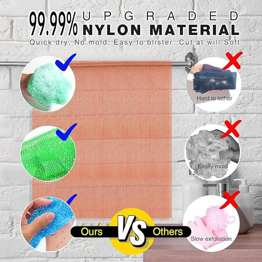 3 Piece Bright Style African exfoliating net Exfoliating Shower Set Long Bath Sponges for Smooth, Refreshed Skin, The Exterior Gleams - Ideal for Daily Use (Bright Pink, Blue, Green)