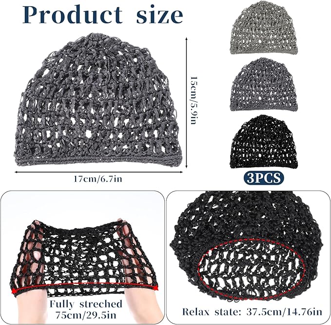 3 Pcs Crochet Hair Net, Mesh Hair Wrap Nets, Soft Rayon Knit Crochet Hairnet Crocheted Sleep Cap Black Mesh Wrapping
