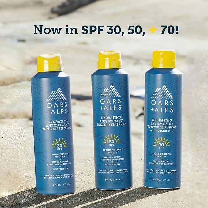 Oars + Alps Hydrating SPF 50 Sunscreen Spray, Naturally Derived Skin Care Infused with Vitamin C and Antioxidants, Water and Sweat Resistant, 6 Oz Each, 2 Pack