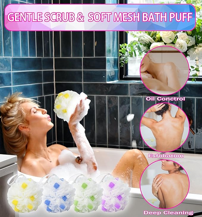 MURRI&MURRDI Body Scrubber Ball Bath Sponge, Exfoliating Loofah Shower Sponge, 4 Pack Mesh Body Sponge, Body Shower Puff Cute Shower Loofah (4 Colour)