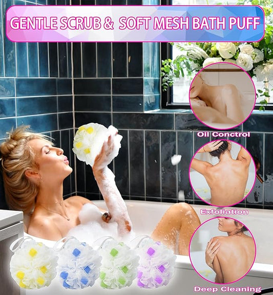 MURRI&MURRDI Body Scrubber Ball Bath Sponge, Exfoliating Loofah Shower Sponge, 4 Pack Mesh Body Sponge, Body Shower Puff Cute Shower Loofah (4 Colour)