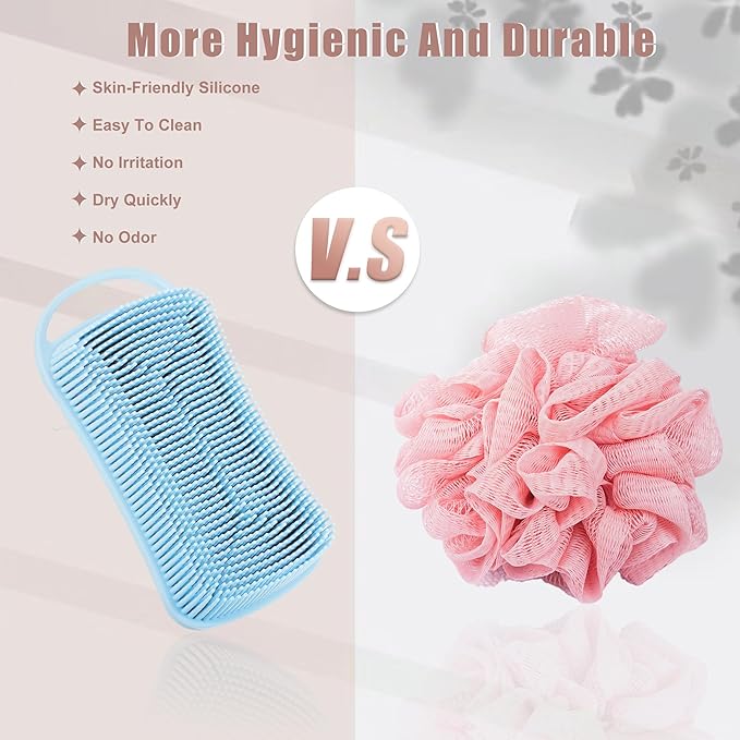 VOCOSTE Silicone Body Scrubber, 2 in 1 Body Brush Hair Scalp Massager, Soft Body Scrubbers for Use in Shower, Lathers Well Exfoliating Body Scrubber for All Skin Types, Blue