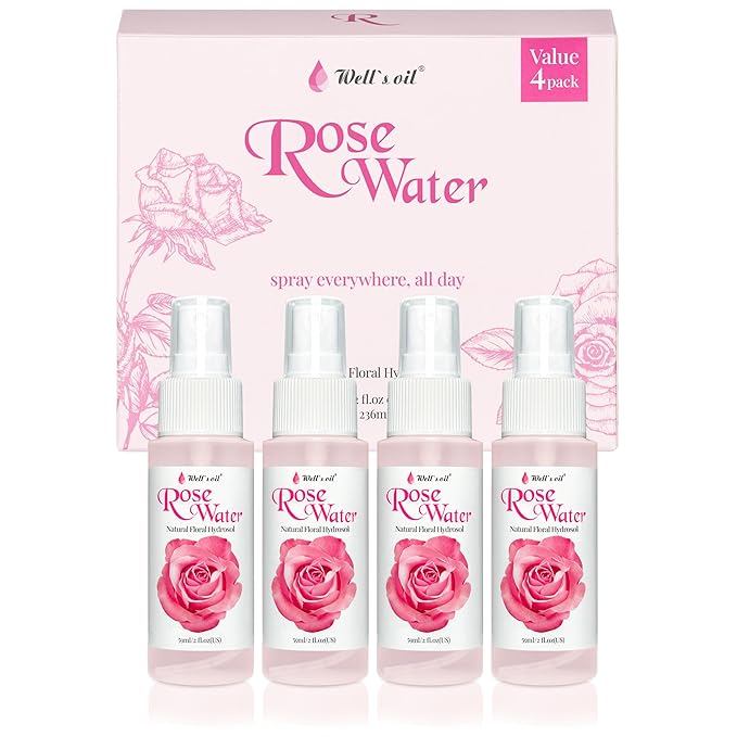 Well's Oil Rosewater Mist Spray (Pack of 4 * 2 Fl oz) β Hydrates, Soothes & Refreshes | 100% Natural | No Chemical | for All Skin and Hair Types