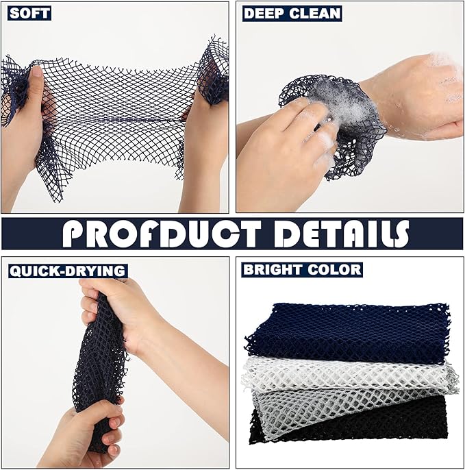 4 Pieces African Net Bath Net Sponge Body Exfoliating Polyester Cleaning Shower Body Scrubber Back Scrubber Exfoliating Wash Bath Cloth for Daily Use (Black, Blue, White, Gray,7.8 x 27.6 Inch)