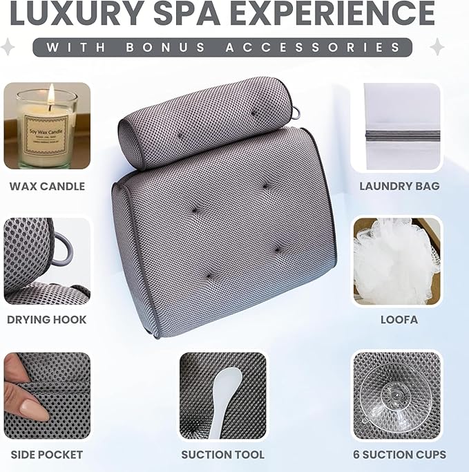 SunSerenity Luxury Bath Pillow for Tub - Relaxing Bath Tub Accessory β Bath Tub Pillow for Head and Back, Unscented Candle, Sponge Loofah, Laundry Bag, & Suction Tool β Grey on Grey