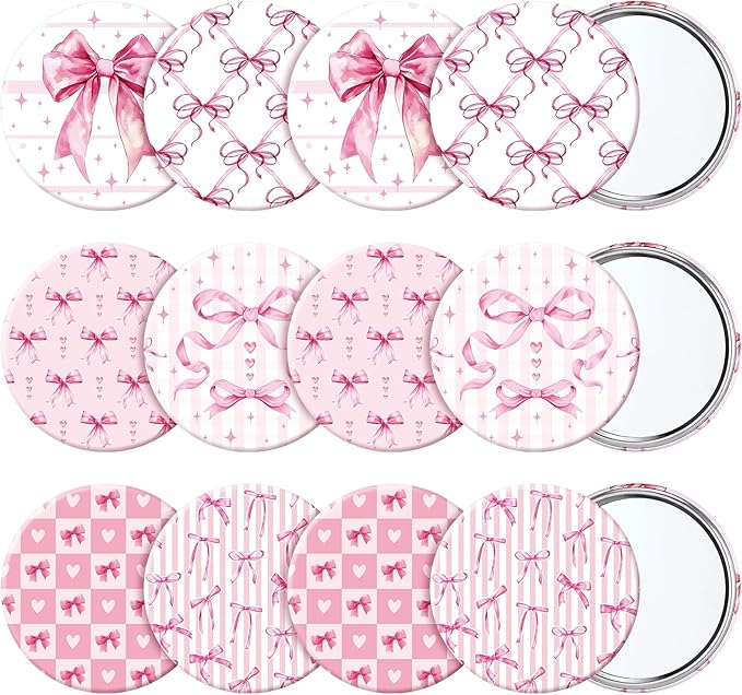 Geelin 12 Pcs Pink Compact Mirror Bulk Coquette Portable Aesthetic Mini Mirror Bulk Pink Bow Party Favors for Purse Pocket Travel Present Women Birthday Gift Wedding Bridal Shower Grad Mom