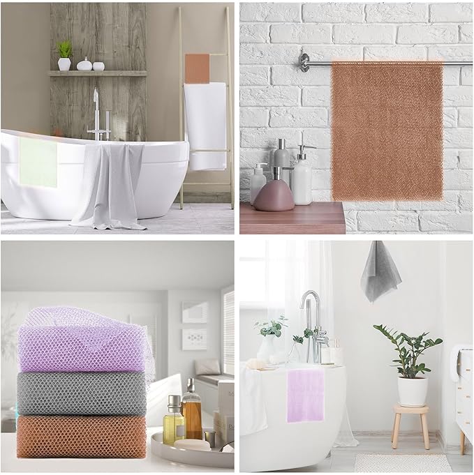 3 Pieces African exfoliating net African Net Long Net Bath Sponge Exfoliating Shower Body Scrubber Back Scrubber Skin Smoother,Great for Daily Use (Purple、Gray、Brown)