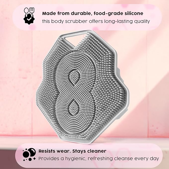 Lintach™ Silicone Body Scrubber – Gentle Exfoliating Body Scrubber – Ergonomic Shower and Bath Brush for Men and Women – Reusable and Food-Grade Silicone Brush for Smooth, Supple Skin, (Gray)