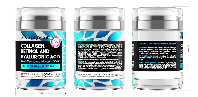 SimplyVital Collagen, Retinol & Hyaluronic Acid Cream - Anti-Aging Retinol Cream for Face, Neck & DΓ©colletΓ© - Made in USA - Daily Moisturizer Face Cream - 3.38 fl oz