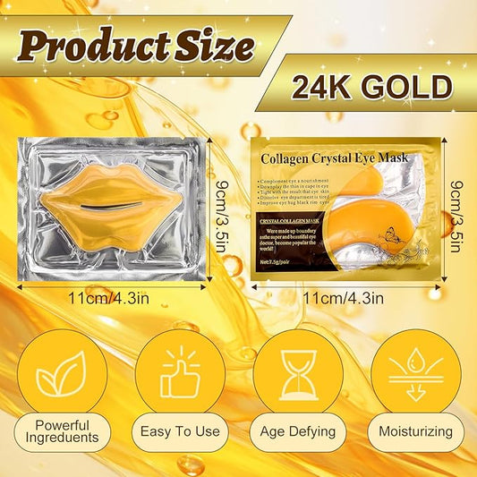 40 Pcs Lip and Eye Mask Set,Collagen Lip Mask Sheet and Under Eye Patches,Gold Lips Masks Skincare,Gold Gel Crystal Collagen Eye Patches,Moisturizing Reducing Fine Lines & Dark Circle