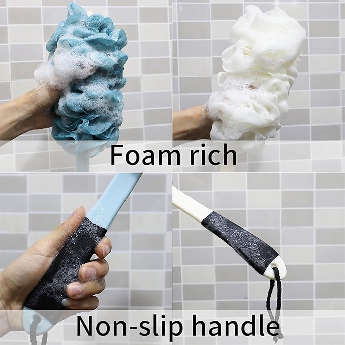 2Pack Back Scrubber for Shower, Loofah with Handle, Back Loofah Non-Slip Handle, Bath Body Brush, Scrub Cleaning Brush for Shower, Soft Mesh Sponge On a Stick for Men Women Elderly (Blue and White)