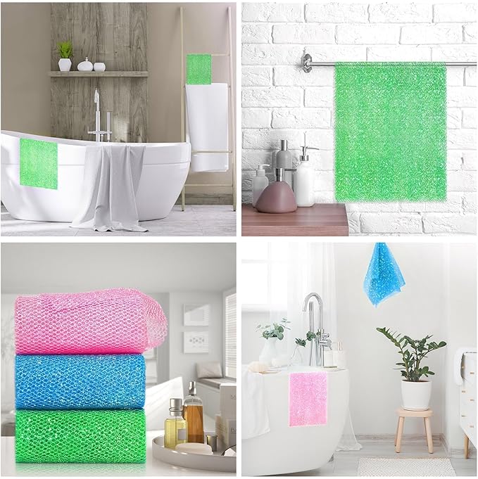 3 Piece Bright Style African exfoliating net Exfoliating Shower Set Long Bath Sponges for Smooth, Refreshed Skin, The Exterior Gleams - Ideal for Daily Use (Bright Pink, Blue, Green)