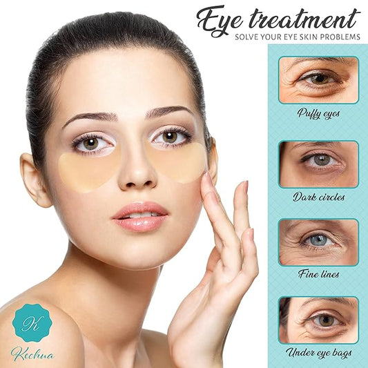 24K Gold Under Eye Patches For Wrinkles- Gold Eye Patches for Puffy Eyes - Dark Circles Under Eye Treatment - Anti-aging Golden Eye Mask with Hyaluronic Acid Vitamin D and E. 60 Eye Masks