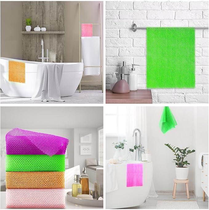 4 Pieces African Net Sponge African Net Long Net Bath Sponge Exfoliating Shower Body Scrubber Back Scrubber Skin Smoother,Great for Daily Use (Purple, Orange, Green, Pink)