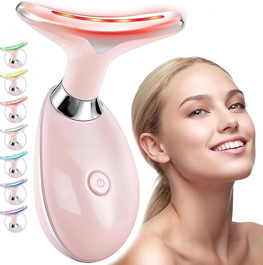Red Light Therapy for Face - Neck Facial Massager - Beauty Face Lift, Microcurrent Facial Device, Lymphatic Drainage Massager, Double Chin Reducer, True Beauty Glow, luminesce, Gua Sha Tool - Pink