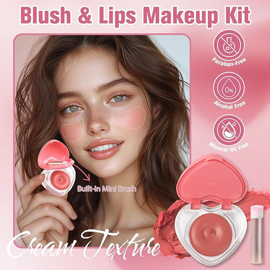 Heart-Shaped Cream Blush for Cheeks & Lips β 2-in-1 Tinted Lip and Cheek Balm Kit with Mini Brush β Blendable Dewy Blusher Makeup for Women, Portable Compact for Travel & On-the-Go Touch Ups 02