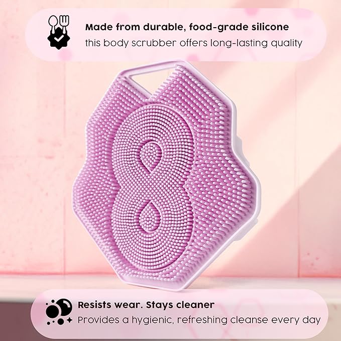 Lintach™ Silicone Body Scrubber – Gentle Exfoliating Body Scrubber – Ergonomic Shower and Bath Brush for Men and Women – Reusable and Food-Grade Silicone Brush for Smooth, Supple Skin, (Purple)