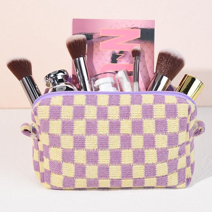 6 Pcs Preppy Makeup Bag Bulk Checkered Cosmetic Bag Purple Makeup Pouch Personalize Travel Toiletry Bag Organizer Cute DIY Makeup Brushes Storage Bag for Women