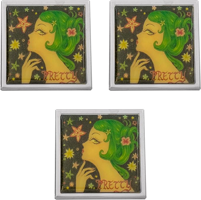 Stephanie Imports Set of 3 Double Sided Magnifying Compact Slim Mirrors with Printed Insert (Anime Pretty, Square)