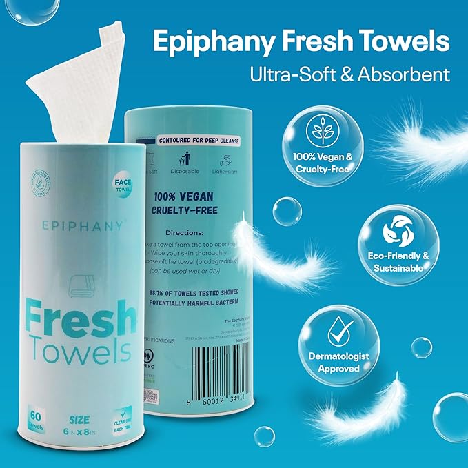 Epiphany Fresh Towels, Dry Disposable Face Towels β 60 Cotton-Feel Clean Tissues for Skin Care. Lint-Free Makeup Remover Cloths. 6x8 Inch Biodegradable Face Wash Cloths, Gentle on All Skin Types