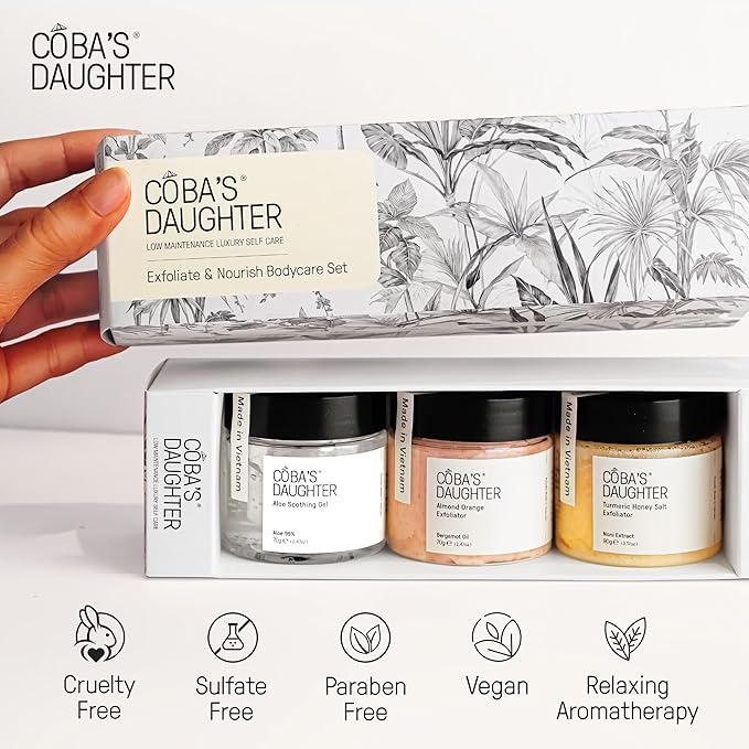 COBA'S DAUGHTER Women Gift Set β 3-Piece Body Care Spa Kit with Honey Turmeric Scrub, Almond Orange Scrub & Aloe Vera Gel β Self-Care Gift Box, Spa Gift Basket, Travel Size Beauty Set