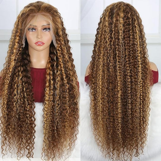 FABA Honey Blonde Highlights Lace Front Wigs Human Hair 28 Inch #4/27 Ombre Curly Human Hair Wig 180% Density Brown and Blonde for Women Highlight Deep Wave Human Hair Wig with Baby Hair
