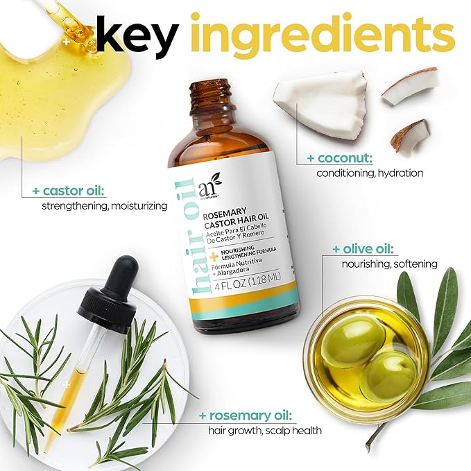 ArtNaturals Organic Rosemary & Castor Hair Growth Oil + Scalp Massager Set β Hair Styling Oils for Dry, Itchy Scalp, Thickening & Hydration - Scalp Oil Products For Damaged Hair & Split Ends β 4.0 oz