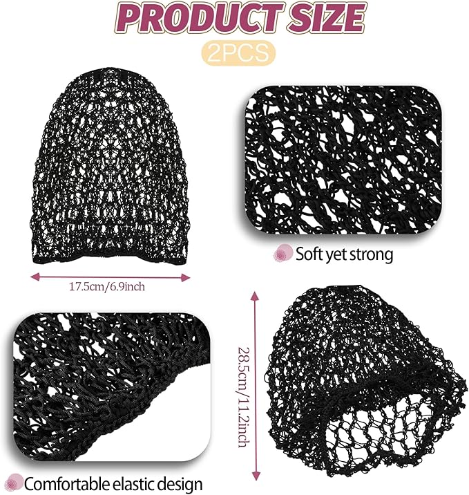 Mozeat Lens 2Pcs Hair Nets Snoods for Women Hair Mesh Crochet Hair Net Rayon Knit Snood Hat Women Crochet Hair Wraps Sleep Cap (Black)