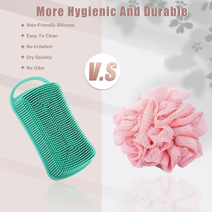 VOCOSTE Silicone Body Scrubber, 2 in 1 Body Brush Hair Scalp Massager, Soft Body Scrubbers for Use in Shower, Lathers Well Exfoliating Body Scrubber for All Skin Types, Green