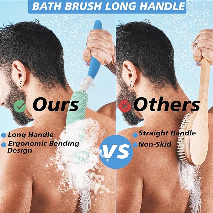 Shower Back Brush with Long Handle, 15.35" Body Brush, Long Back Scrubber for Men Women, Long Handled Sponge Body Exfoliator, Loofah Back Scrubber for Aid Bathing(Black)