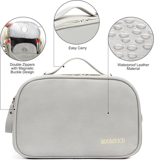 BOOMRICH Large Travel Makeup Bag, Cosmetic Bag, Toiletry Bag for Women, Water-Resistant Leather Toiletry Organizer, Dopp Kit for Toiletries Accessories, Blue Grey