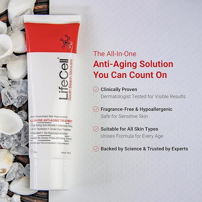 LifeCell All In One Anti-Aging Cream β Reduces Wrinkles, Fine Lines, Dark Circles & Sun Damage β Retinol, Vitamin C, DMAE & Hyaluronic Acid β Fragrance-Free, for All Skin Types (2.54oz)