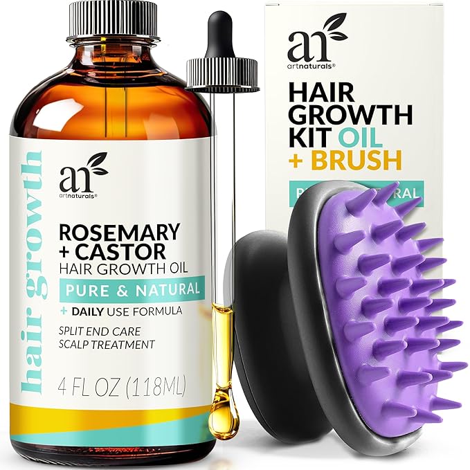 ArtNaturals Organic Rosemary & Castor Hair Growth Oil + Scalp Massager Set β Hair Styling Oils for Dry, Itchy Scalp, Thickening & Hydration - Scalp Oil Products For Damaged Hair & Split Ends β 4.0 oz