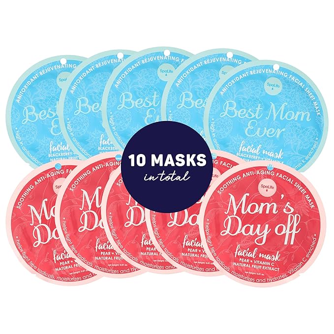 SpaLife Made for Mama Facial Mask Duo β Antioxidant Rejuvenating & Soothing Anti-Aging Facial Sheet Masks β Face Masks Skincare Set β Hydrating Face Masks β 10 Pack β Natural Fruit Extract Formulas